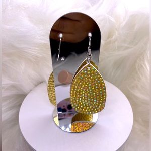 Faux Leather Earrings Covered in Rhinestones. Handmade Teardrop Gold Earrings